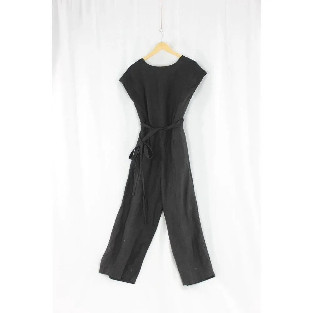 Aritzia WILFRED Brax Black Linen Lyocell Cut-Out Wrap Wide Leg Jumpsuit, Size 6 - Picture 8 of 13
